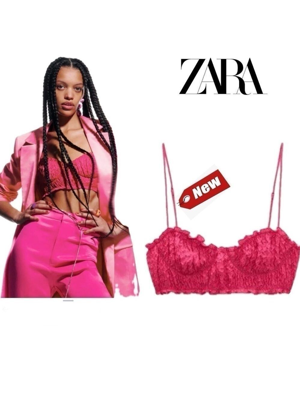 ZARA CORSETRY TEXTURED BRALETTE RUFFLE FRILL METALLIC CROP TOP FUCHSIA PINK NWT